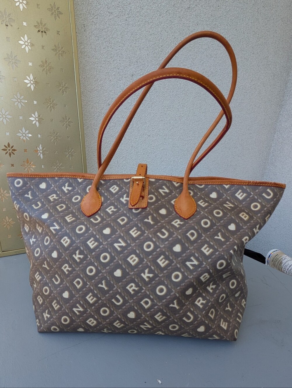 Dooney & Bourke Brown Logo Tote With Red Cloth Interior Tan Leather Trim